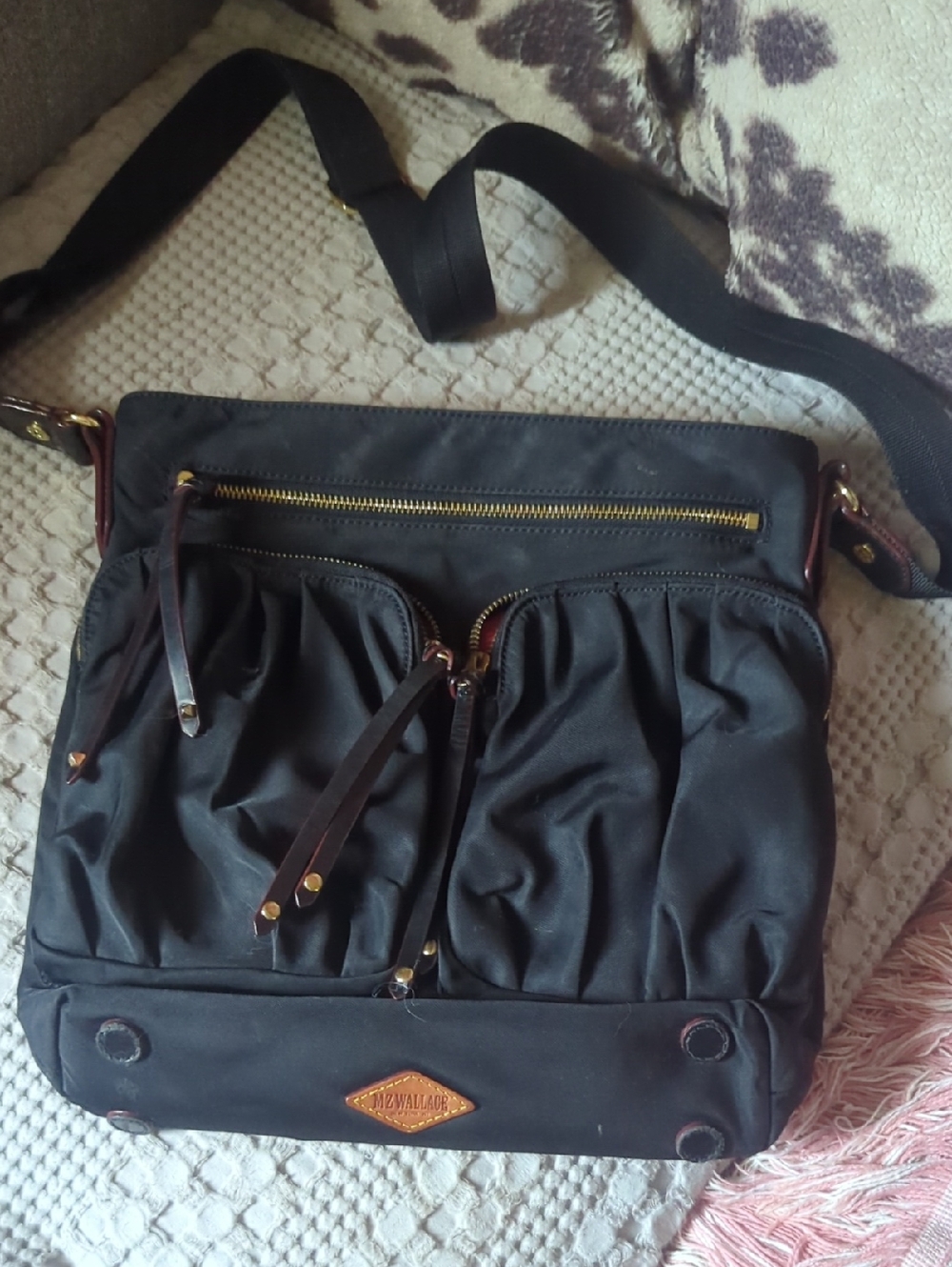 Mz Wallace Black Crossbody Nylon Shoulder Bag with Front Pockets